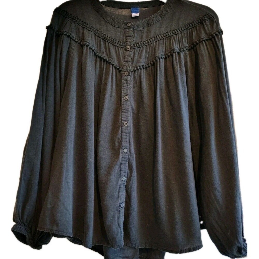 Old Navy Cottagecore Boho Blouse Large Black Lace Trim Balloon Sleeve Peasant...